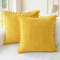 CaliTime Throw Pillow Covers Decorative 20 X 20 Inches Pack of 2 Cozy Solid Dyed Soft Chenille Cushion Cases with Pom Poms for Couch Sofa Bed Living Room Home Mustard Yellow