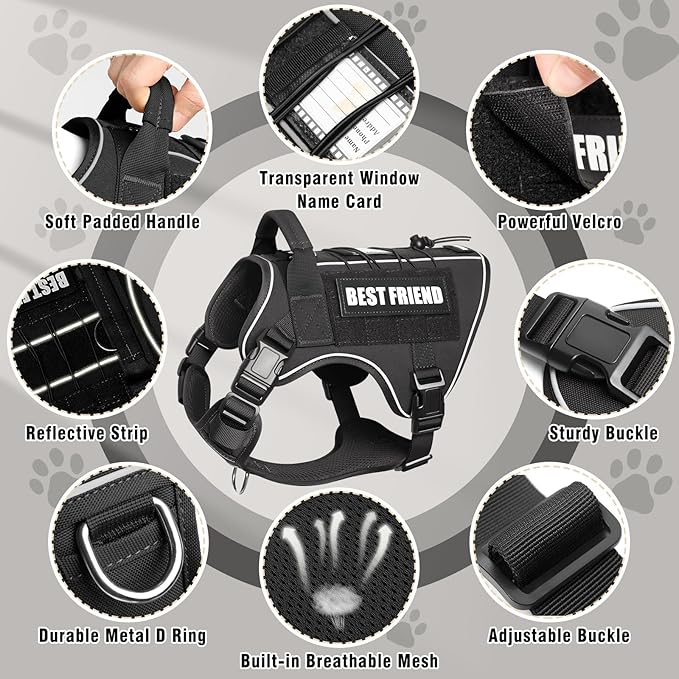 Tactical Dog Harness Small Sized Dog,No Pull Military Dog Vest with Handle,Reflective Heavy Duty Pet Harness for Walking Hiking Training Black S