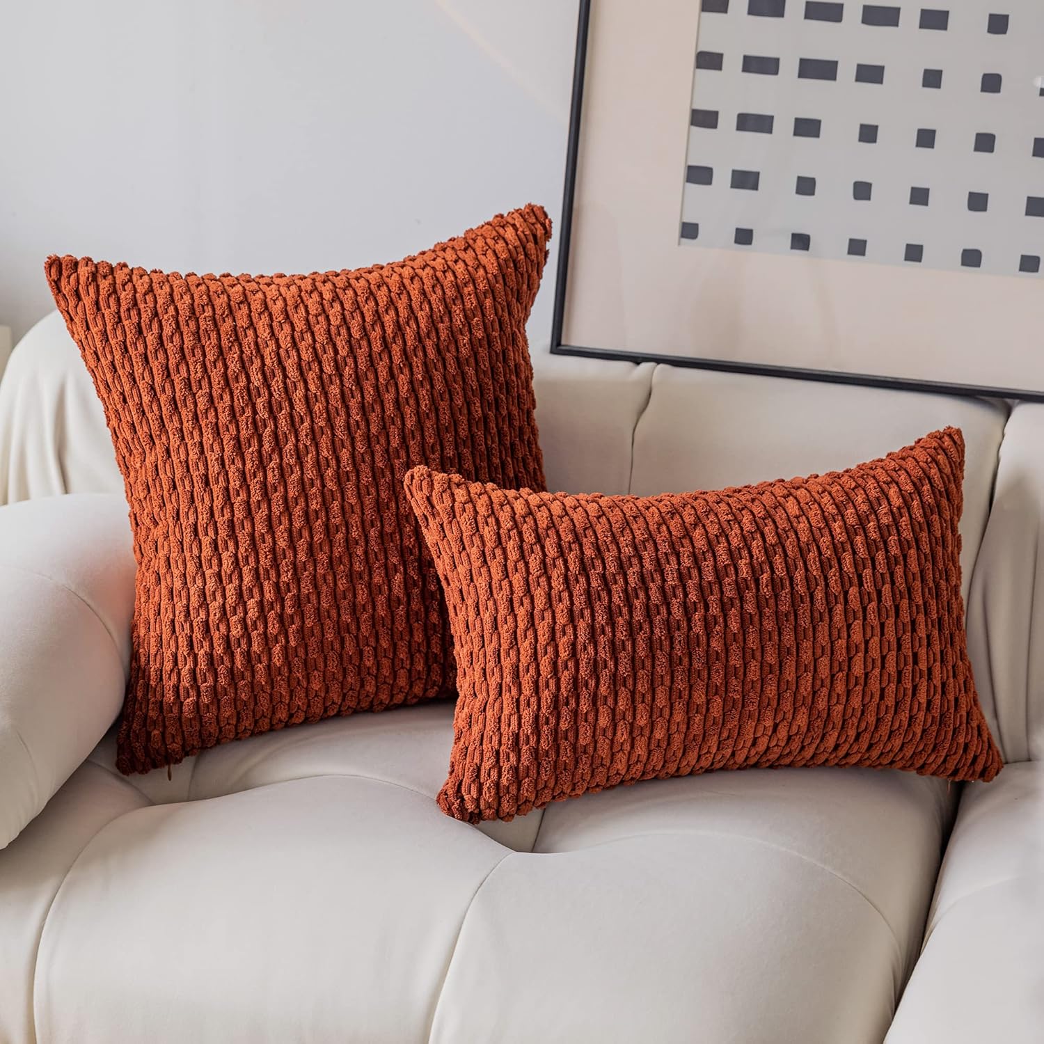 Kevin Textile Fall 12x24 Inch Pillow Cover 1 Pack Boho Decorative Soft Striped Corduroy Lumbar Farmhouse Solid Color Accent Rectangle Cushion Case for Living Room Couch Sofa Bed, Burnt Brick