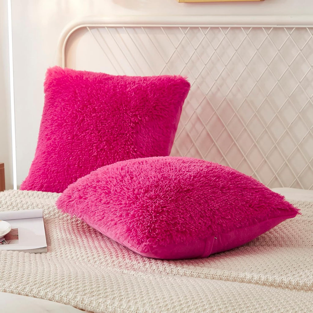 Uhamho Set of 2 Faux Fur Throw Pillow Covers Bed Pillowcases Soft Velvet Home Decorative Zipper Closure (Hot Pink, 18"x18")