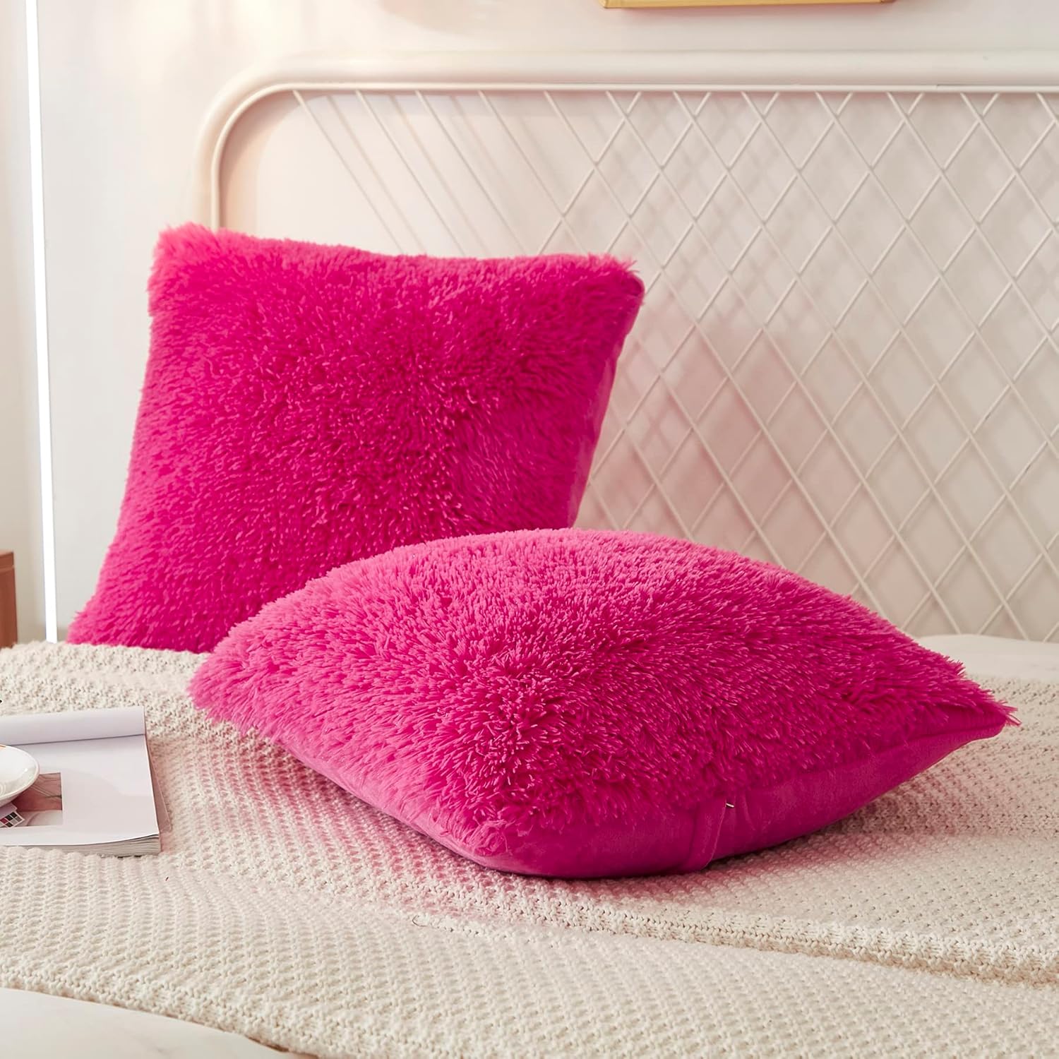 Uhamho Set of 2 Faux Fur Throw Pillow Covers Bed Pillowcases Soft Velvet Home Decorative Zipper Closure (Hot Pink, 18"x18")
