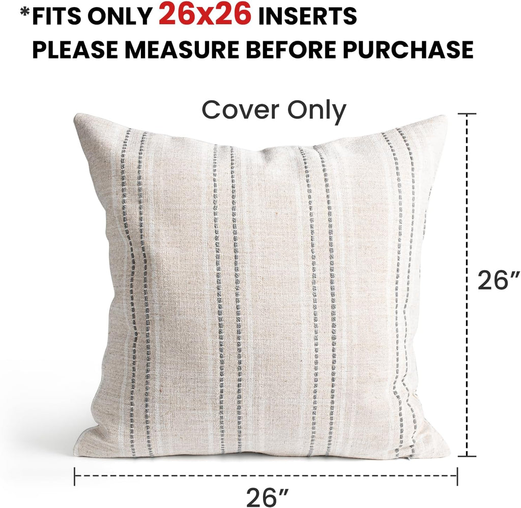 AELS 26x26 Decorative Farmhouse Linen Throw Pillow Covers, Boho Textured Pillow Case, Set of 2, Beige with White & Gray Stitch Yarn Dyed Stripe Cushion Cover for Sofa Couch Living Room (Cover ONLY)