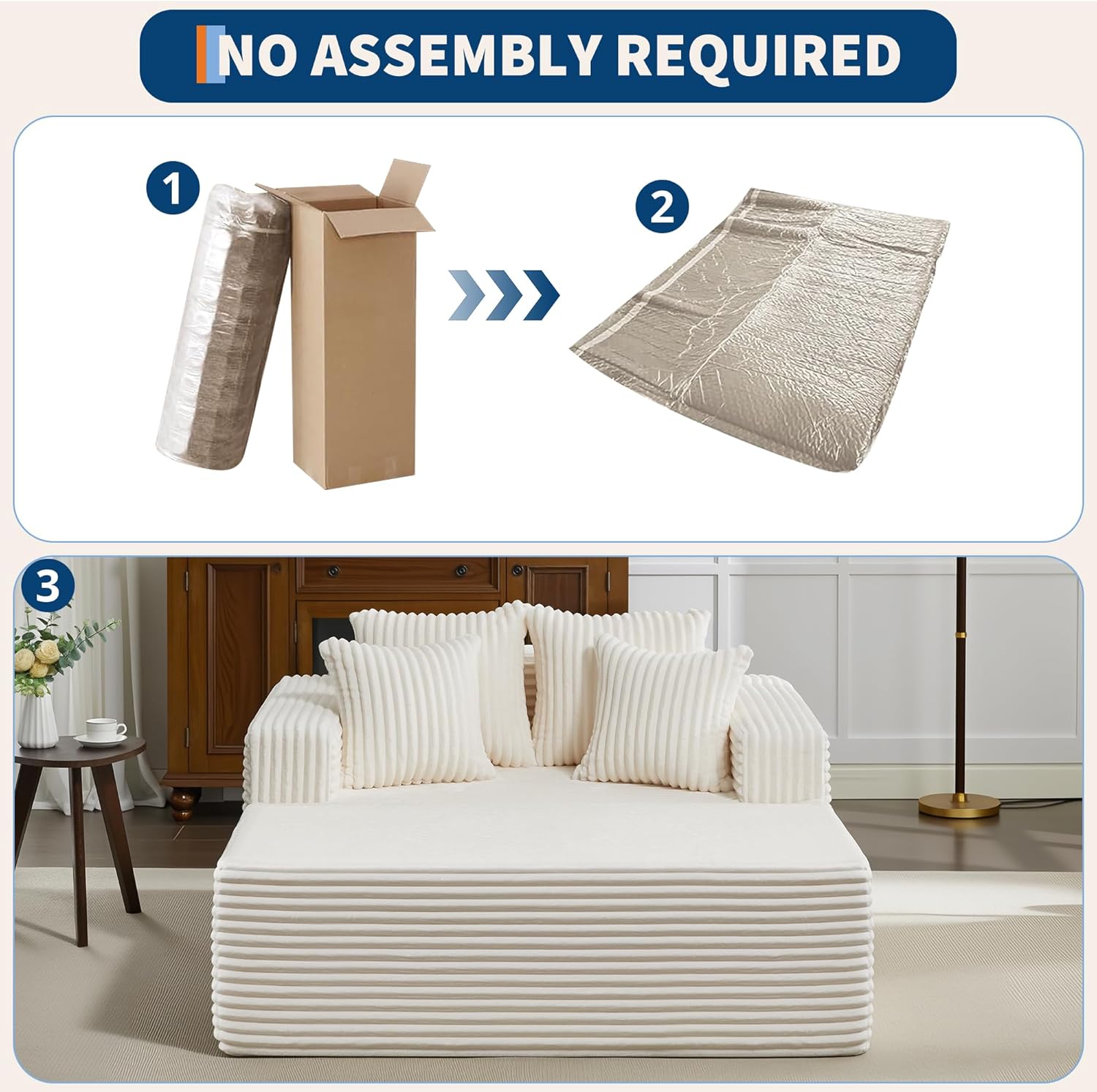 61" Oversized Chaise Lounge Chair Indoor, Boneless Couch Cloud Fluffy Chaise Lounges Corduroy Upholstered Sofa Bed w/Throw Pillows for Living Room Home Beige