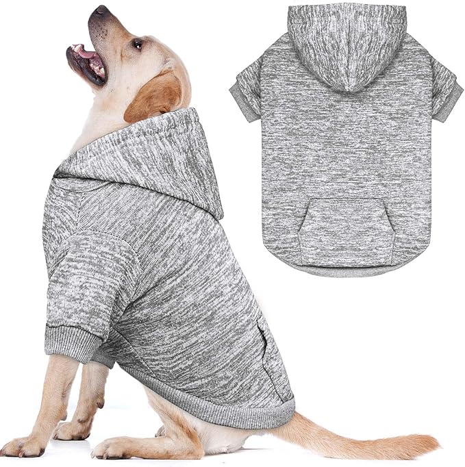 Fleece Dog Sweater & Hoodie - Soft Dog Clothes Sweatshirt with Pocket - Large Dogs (Grey)