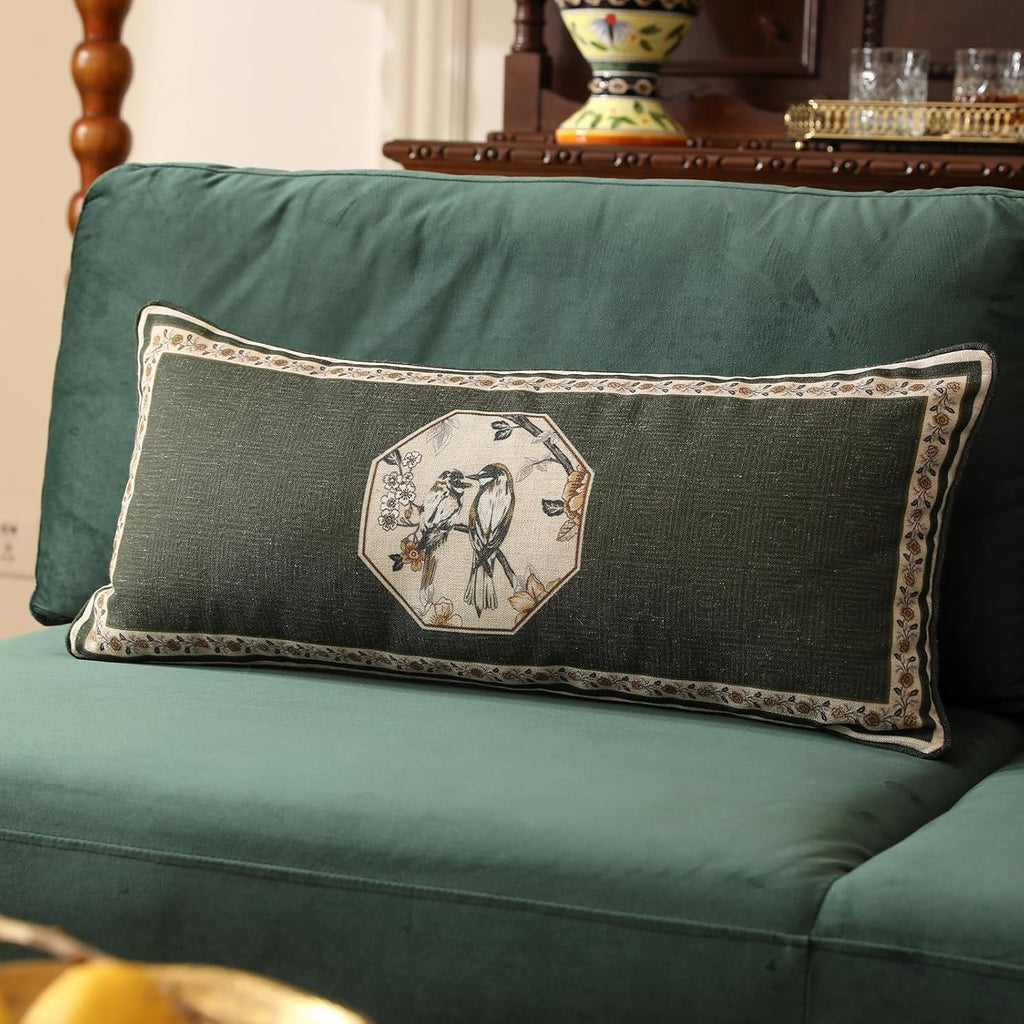 ISAENNE Design Linen Chinoiserie Lumbar Throw Pillow Covers 12"x28", Farmhouse Cushion Covers with Yellow Floral Birds Pattern Decoration Pillowcases for Bed,Living Room,Outdoor,Car