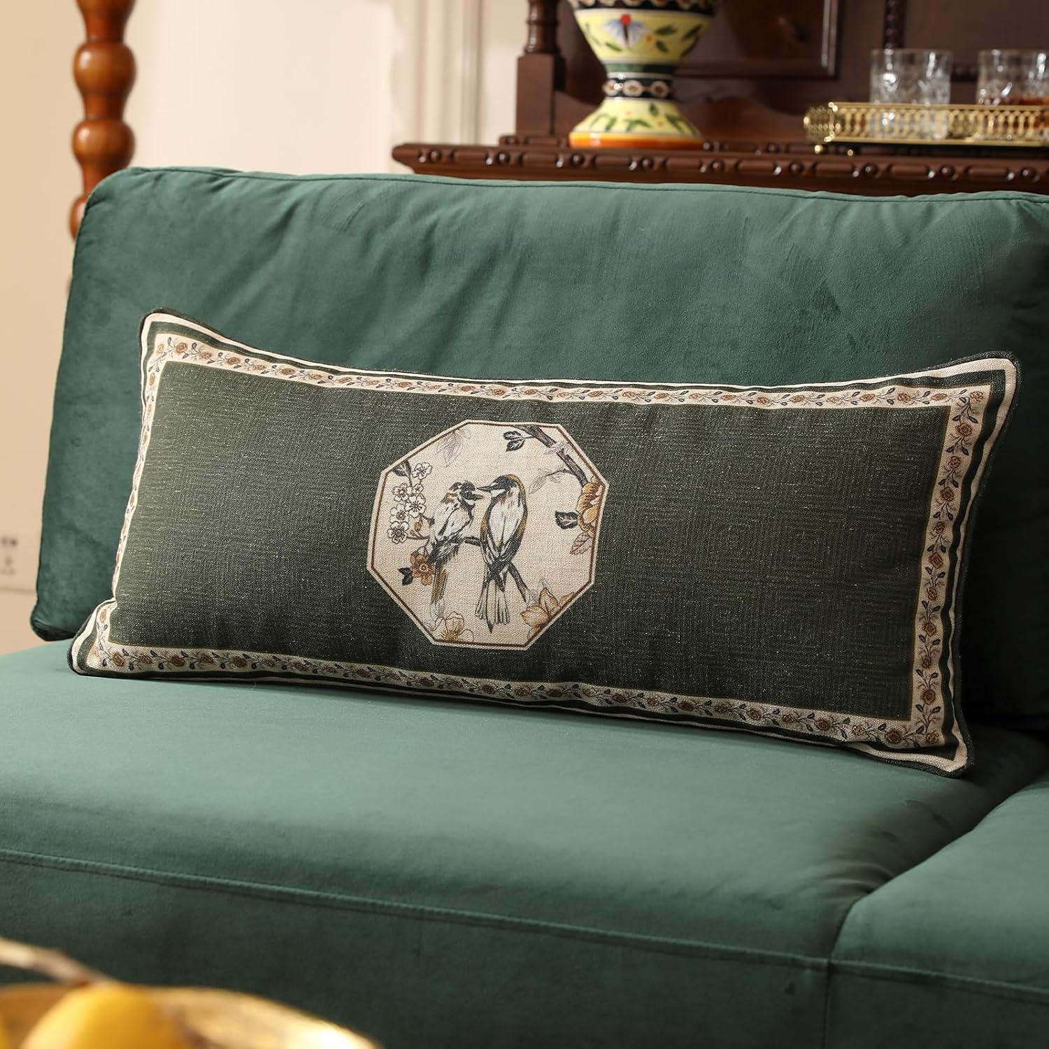 ISAENNE Design Linen Chinoiserie Lumbar Throw Pillow Covers 12"x28" Pack of 2, Farmhouse Cushion Covers with Yellow Floral Birds Pattern Decoration Pillowcases for Bed,Living Room,Outdoor,Car