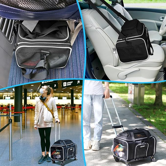 Petskd Top-Expandable Pet Carrier with Wheels 17x12x8.5 Inches JetBlue Allegiant Spirit Airline Approved, Soft-Sided Carrier for Small Cat Dog with Locking Safety Zippers and Anti-Scratch Mesh(Black)