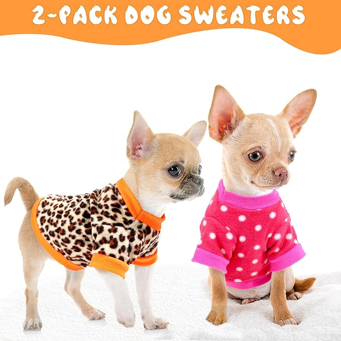 2 Pieces Dog Sweaters for Small Dogs, Fall Winter Fleece Dog Clothes, Soft and Warm Puppy Sweater Doggie Coat for Winter Pet Cloting for Chihuahua Yorkie (Polka dots, Leopard Print, X-Small)
