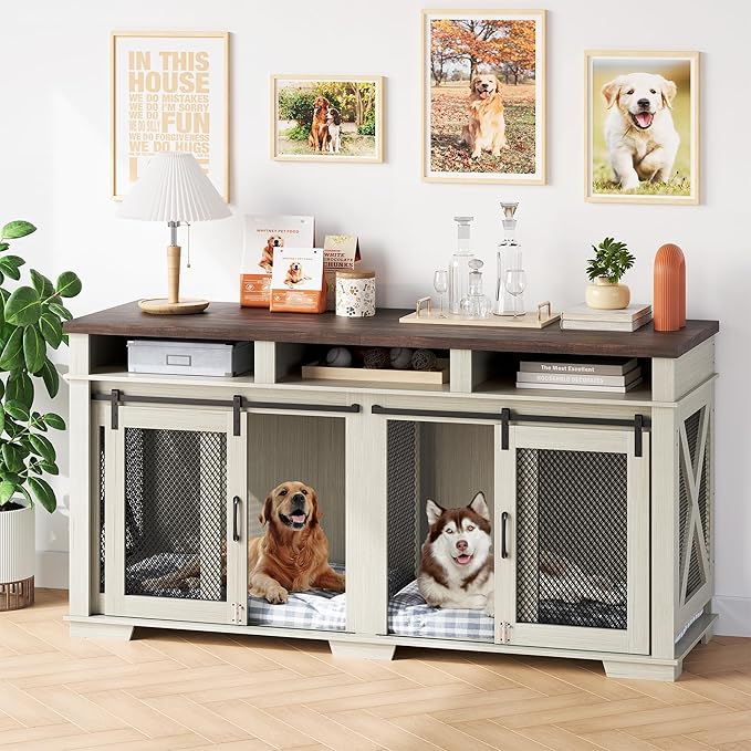 71" Dog Crate Furniture for 2 Dogs, Dog Kennel with 3 Storage Drawers & Removable Divider, Extra Large Double Dog Cage As TV Stand, Furniture Style Dog Crates with Sliding Barn Door
