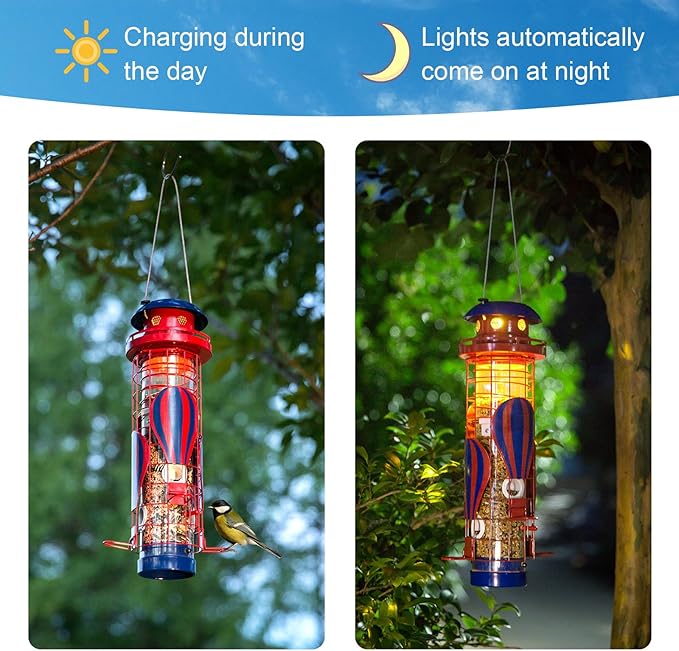 Solar Bird Feeder for Outdoors Hanging, Squirrel Proof Bird Feeder, Metal Waterproof Wild Bird Feeders,Cardinals Feeders, Gifts for Bird Lovers, Garden Decoration