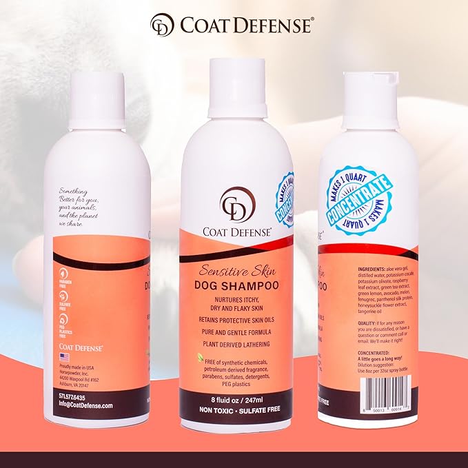 COAT DEFENSE Sensitive Dogs Shampoo | Made in USA | All-Natural Hypoallergenic - Soothes and Relieves Itchy & Dry Skin | 8 Ounces Concentrated Makes 32 Ounces