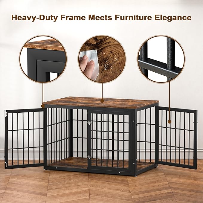 48 Inch Rustic Heavy Duty Dog Crate Furniture for Extra Large Dogs, Decorative Pet House End Table, Wooden Cage Kennel Furniture Indoor, Black and Brown