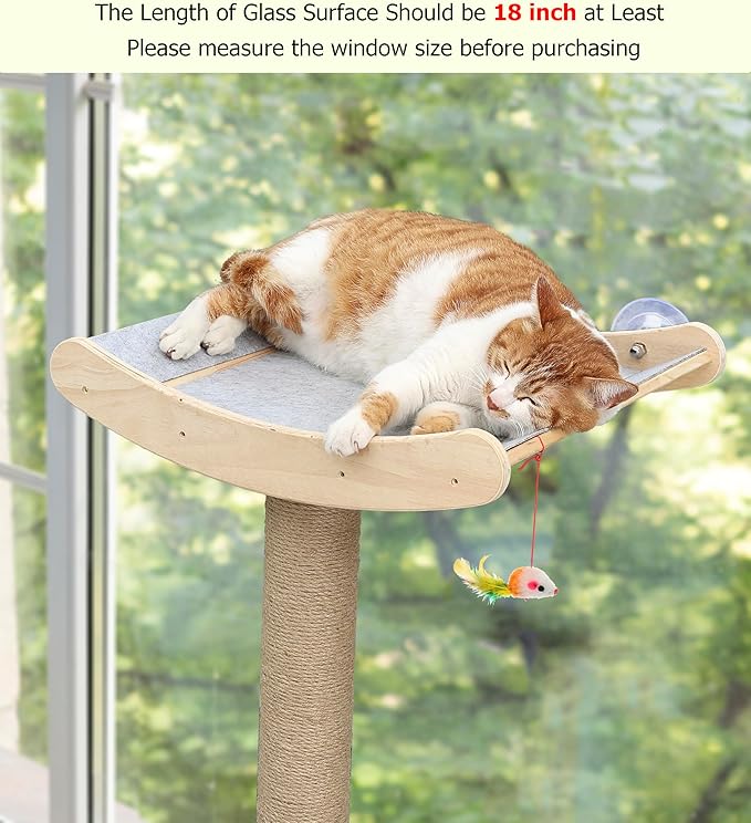 Window Cat Perch with Scratching Posts, 46" Wood Tree Bed for Maine Coon Big Cats Perching and Lounging, Mounted with 3 Strong Suction Cups (Wood Platform)