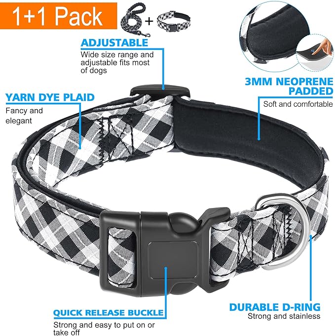 Reflective Dog Collar Padded with Soft Neoprene Breathable Adjustable Nylon Dog Collars for Small Medium Large Dogs (Medium (Pack of 1), Black Plaid Collar+Leash)