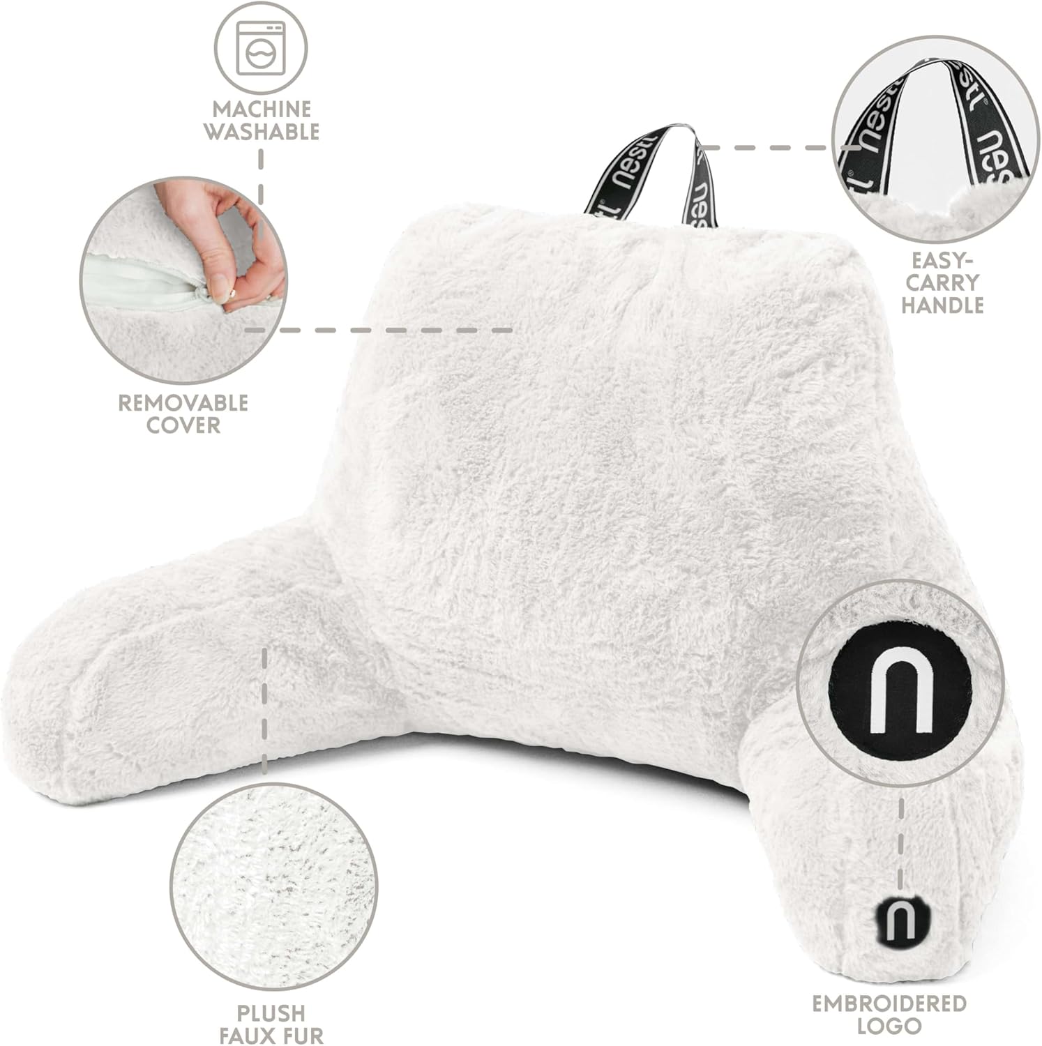 Nestl Fur Reading Pillow with Laptop Lap Desk, Stylish Back Pillow for Sitting Up, Lap Desk with Reading Pillows for Sitting in Bed Adult & Kids, Faux Fur Chair Pillow with Arms - White