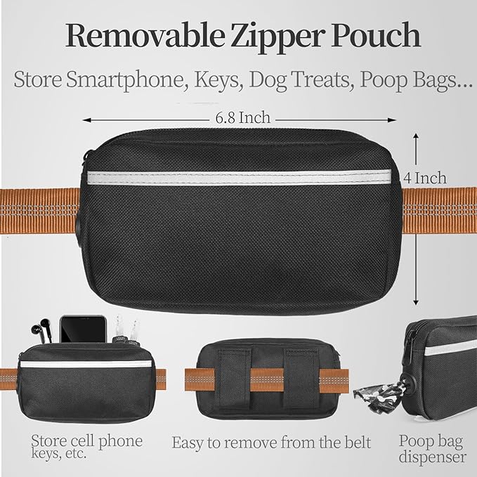 iYoShop Hands Free Dog Leash with Zipper Pouch, Dual Padded Handles and Durable Bungee for Walking, Jogging and Running Your Dog (Large, 25-120 lbs, Brown)
