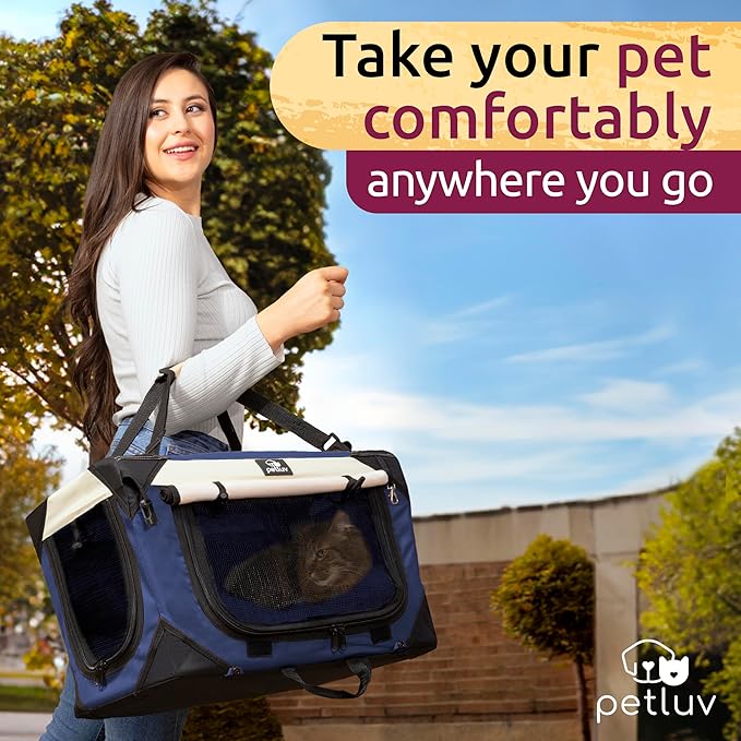 Medium Cat & Dog Carrier for Most Cats or Small Dogs, Soft-Sided, Collapsible with Locking Zippers, Portable Travel Bag with Soft Bed, Navy