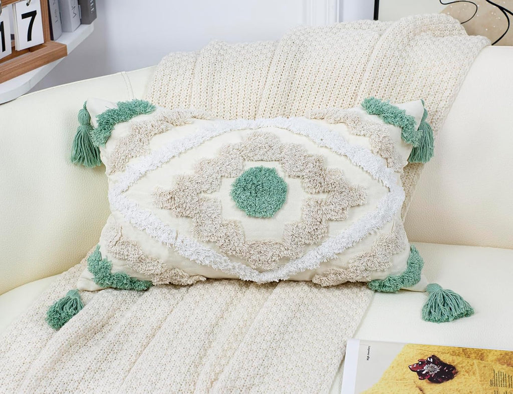 Decorative Farmhouse Throw Pillow Covers 12 x 20,Modern Neutral Couch Pillow Cover,Cotton Checked Pattern Boho Lumbar Pillow Case Cover for Couch Bed Sofa Bedroom,Green&Beige&White