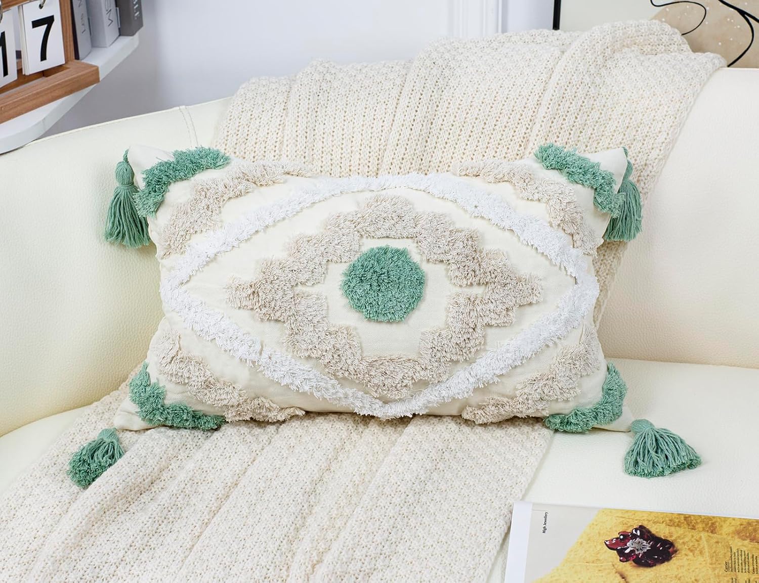 Decorative Farmhouse Throw Pillow Covers 12 x 20,Modern Neutral Couch Pillow Cover,Cotton Checked Pattern Boho Lumbar Pillow Case Cover for Couch Bed Sofa Bedroom,Green&Beige&White