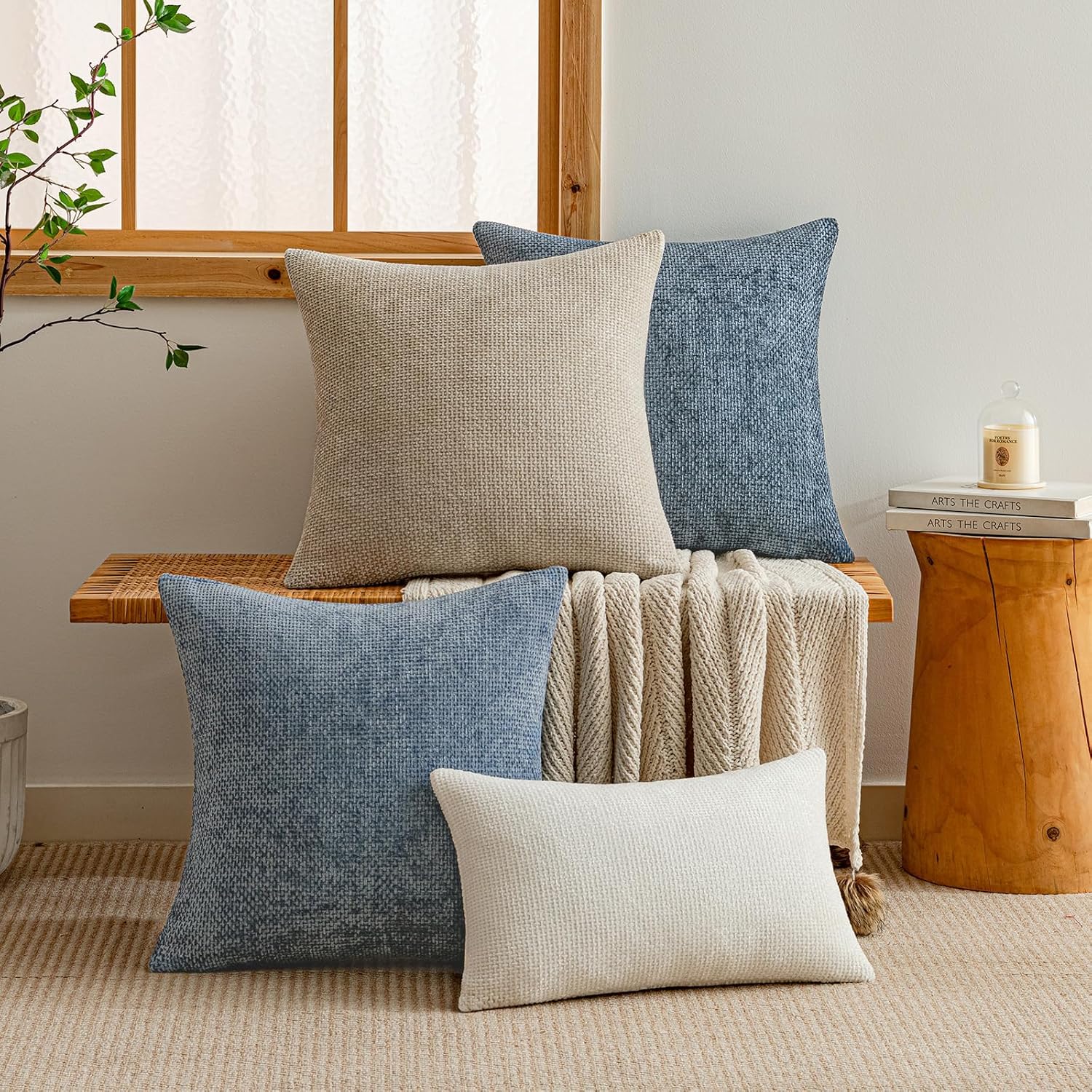 a moment Blue Chenille Throw Pillow Covers 18x18 Inch Pack of 2 Modern Decorative Throw Pillow Covers Farmhouse Cross Covers Home Decor for Sofa Bedroom Living Room