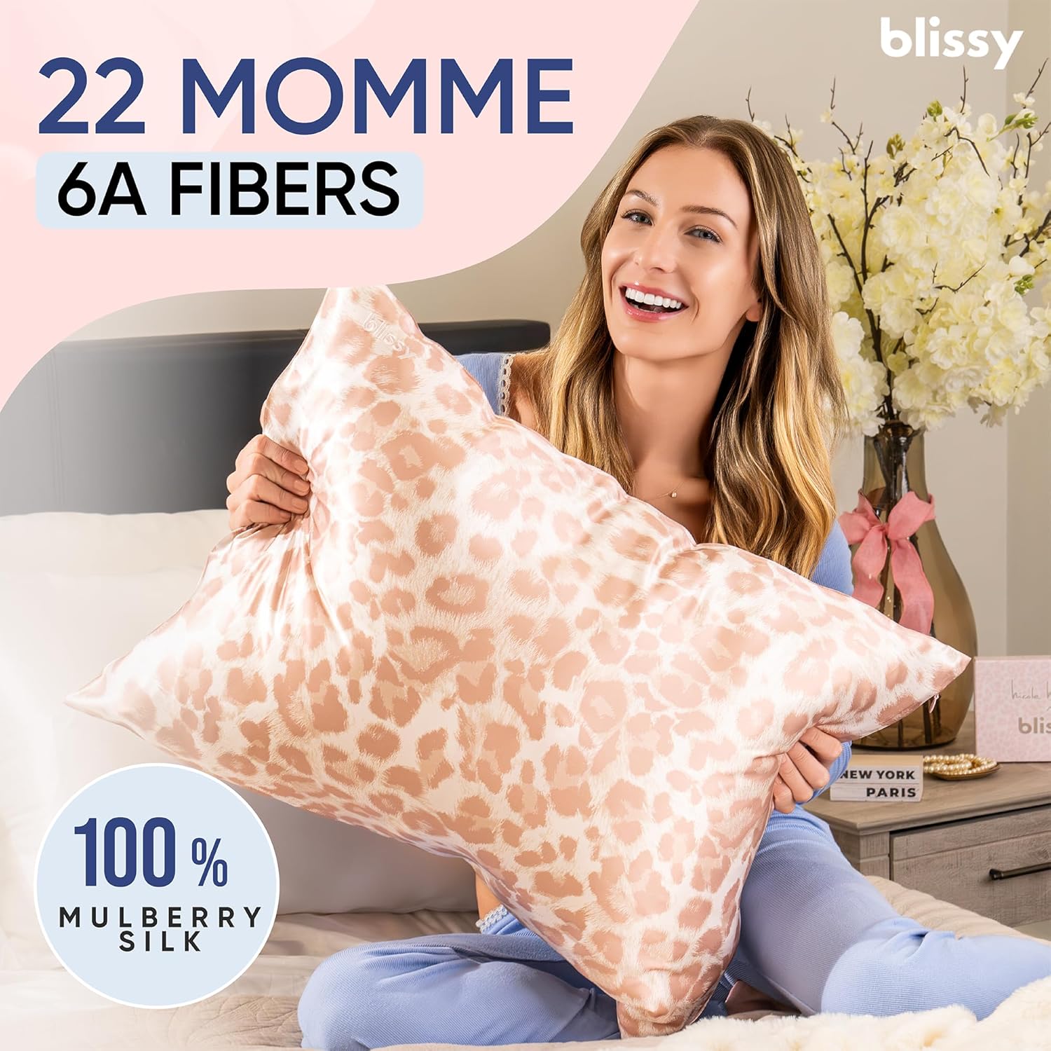 Blissy Silk Pillowcase - 100% Pure Mulberry Silk - 22 Momme 6A High-Grade Fibers - Silk Pillow Cover for Hair & Skin - Regular, Queen & King (Nicole Miller - Mauve Cheetah, King)