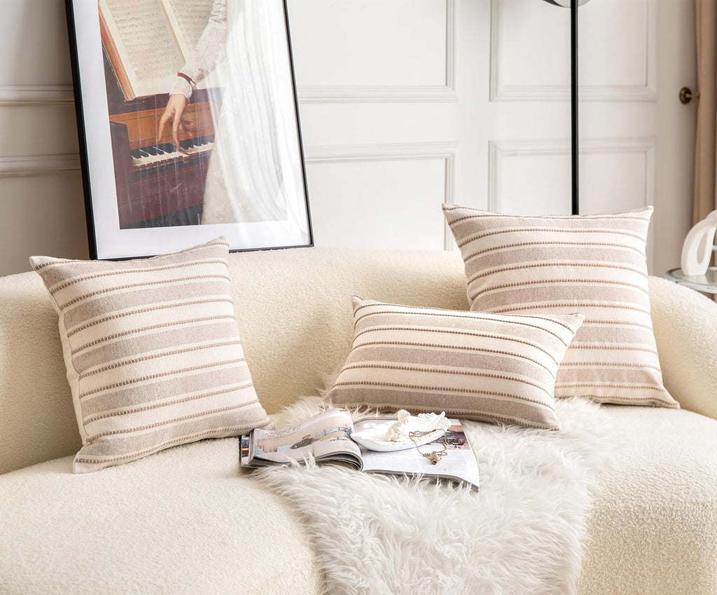 Decorative Boho Lumbar Throw Pillow Covers, Farmhouse Textured Pillow Case, 12 x 20 Inch Set of 2, Chair Sofa Bedroom Living Room Home Decor Couch Cushion Case, Tapue and Beige