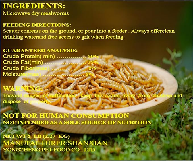 5lb Dried mealworms - High Protein, Pure Natural, Delicious - Ideal for Chickens, Birds, Ducks, Lizards, Turtles, Fish, and Reptiles, 5lb Meal Worms