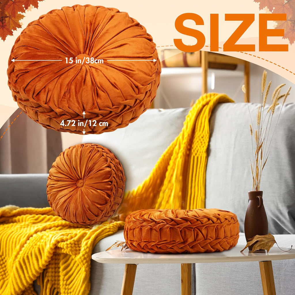 2 Pcs Round Throw Pillows 15 Inch Decorative Velvet Pleated Pumpkin Floor Boho Pillows for Living Room Couch Chair Bed Sofa (Orange)