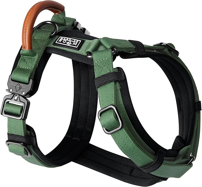 MADE TO ROAM Premium Explorer Harness - Y-Shaped Dog Harness with Adjustable Durable Nylon, Soft Padding, Metal Buckles and Leather Handle for Small, Medium, Large Dogs (Oregon Haze, Size 7)