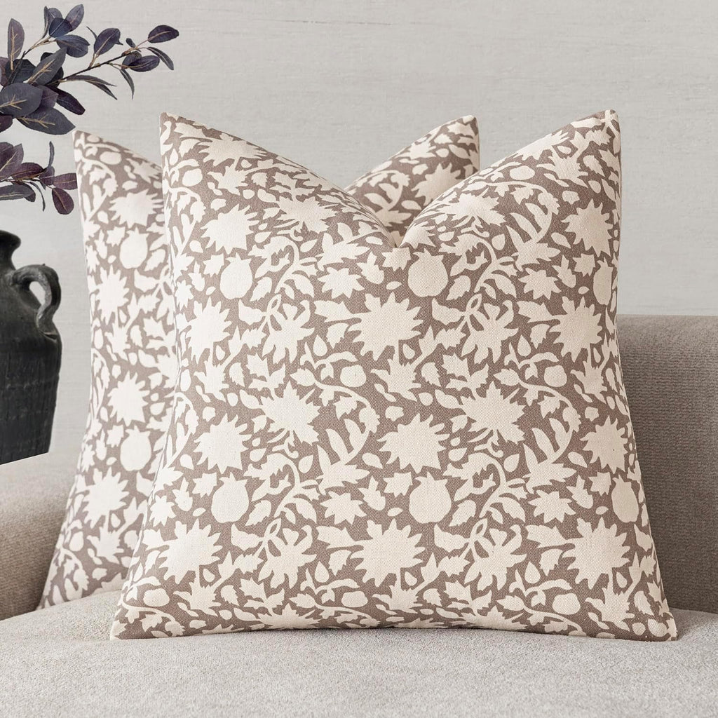 Foindtower Set of 2 Decorative Neutral Floral Throw Pillow Covers Accent Farmhouse Cushion Covers Boho Vintage Pillowcase for Couch Sofa Bedroom Living Room Home Decor,22×22 Inch,Tan