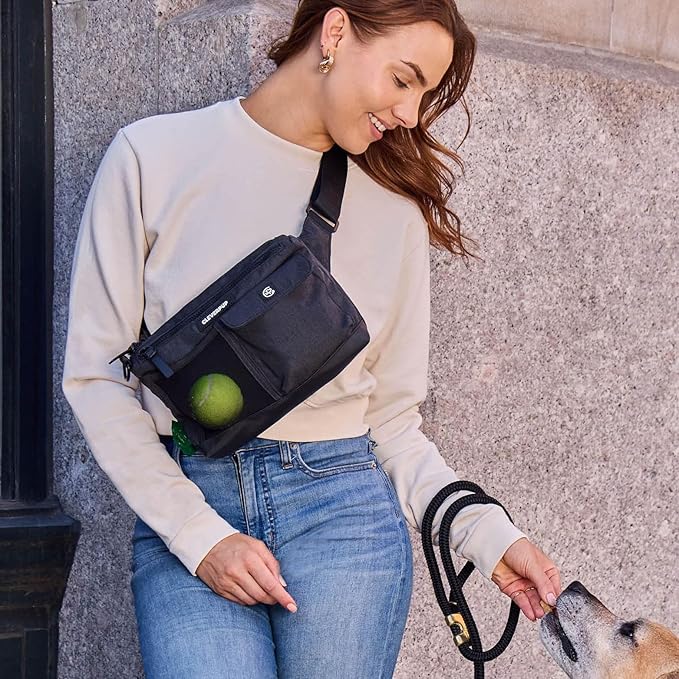 Dog Walk & Train Sling Bag - Hands-Free 2-In-1 Treat Pouch, Poop Bag Holder, Clicker, Phone Pocket - Crossbody/Fanny Pack, Adjustable Strap - Graphite