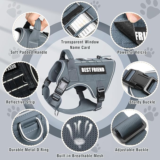 Tactical Dog Harness Small Sized Dog,No Pull Military Dog Vest with Handle,Reflective Heavy Duty Pet Harness for Walking Hiking Training Gray S