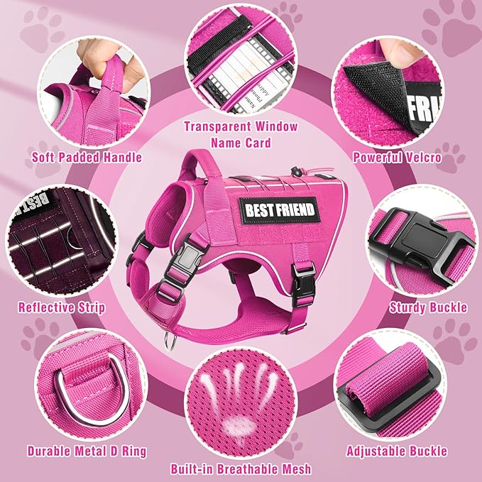 Tactical Dog Harness for Large Dogs,No Pull Military Dog Vest with Handle,Reflective Heavy Duty Pet Harness for K9 Working Walking Hiking Training Pink XL