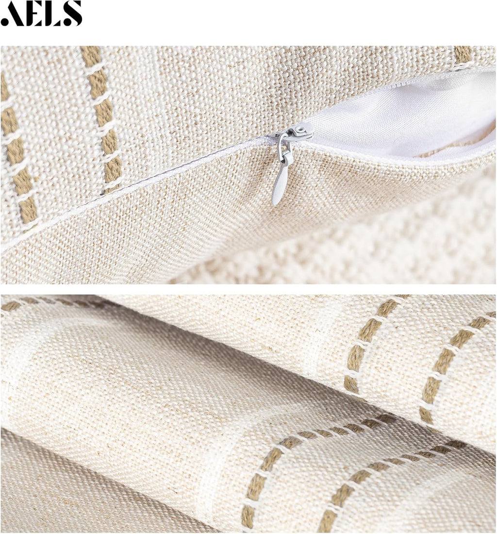 AELS 16x16 Decorative Farmhouse Linen Throw Pillow Covers, Boho Textured Pillow Case, Set of 2, Beige with White & Brown Stripe Patchwork Cushion Cover for Sofa Couch Living Room (Cover ONLY)