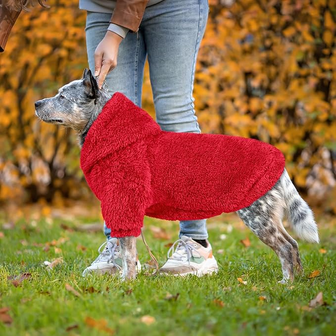 Fuzzy Dog Sweaters for Large Dogs Dog Hoodie Soft Double-Sided Plush Fleece Pet Sweater Clothes Coats Pet Hoodie Sherpa Hooded Sweatshirt(Red-XL)