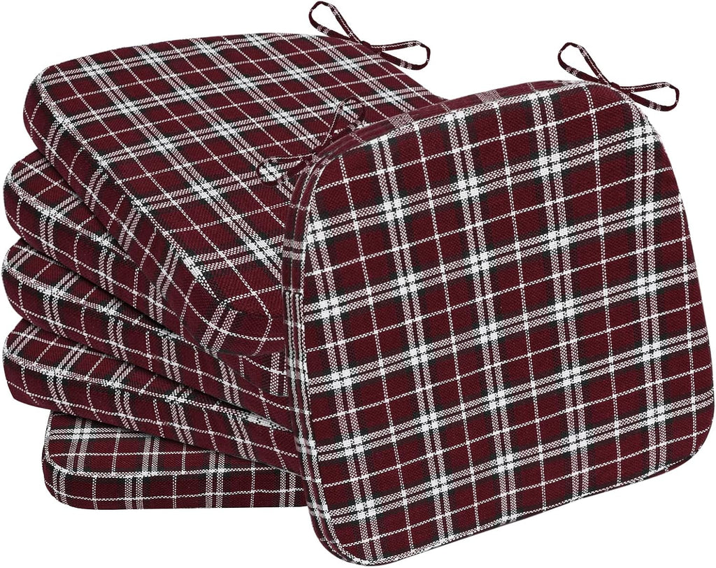 AAAAAcessories D-Shaped Chair Cushions, 2" Thick Dining Chair Pads with Ties and Removable, Machine-Washable Cover, 17" x 16", Set of 6, Red Checkered