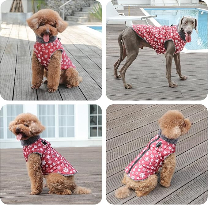 Warm Fleece Dog Coats with Durable Harness Buitl in D-Ring,Waterproof Doggie Jacket for Medium Dogs,Dog Vest for Cold Winter,Red,Snow Pattern L