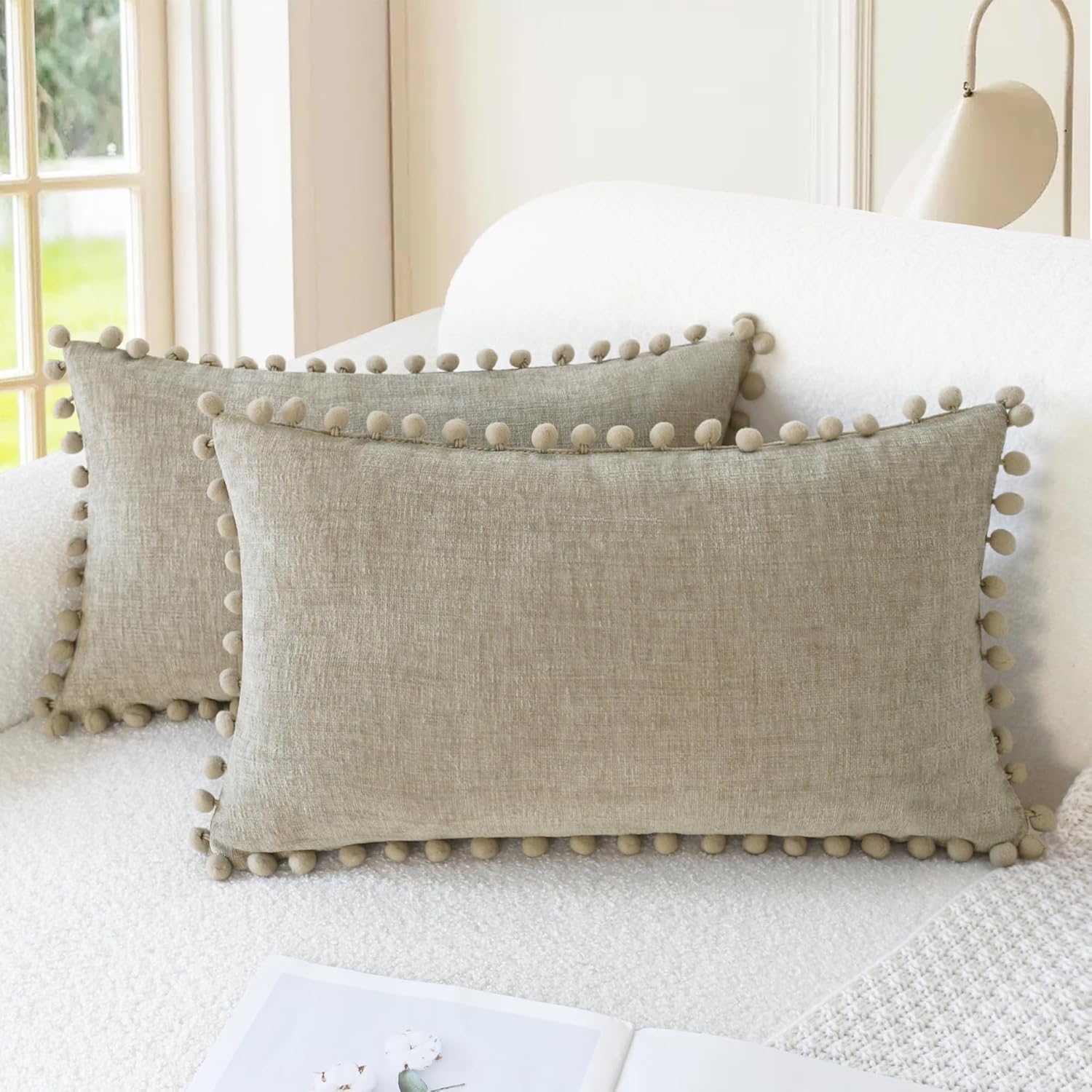 CaliTime Throw Pillow Covers Decorative 20 X 12 Inches Pack of 2 Cozy Solid Dyed Soft Chenille Cushion Cases with Pom Poms for Couch Sofa Bed Living Room Home Taupe