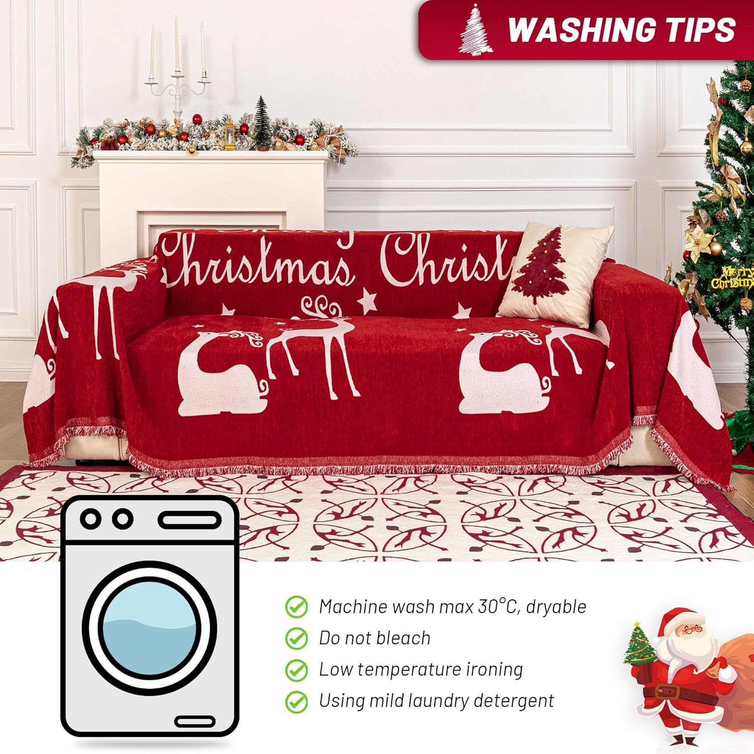 MYSKY HOME Christmas Couch Cover for Sofa Couch Covers for Pets, Non Slip Dogs Furniture Protector with Tassels for Living Room Non Slip Washable Furniture Protector Cover for Pet, Cat, 71"x118", Red