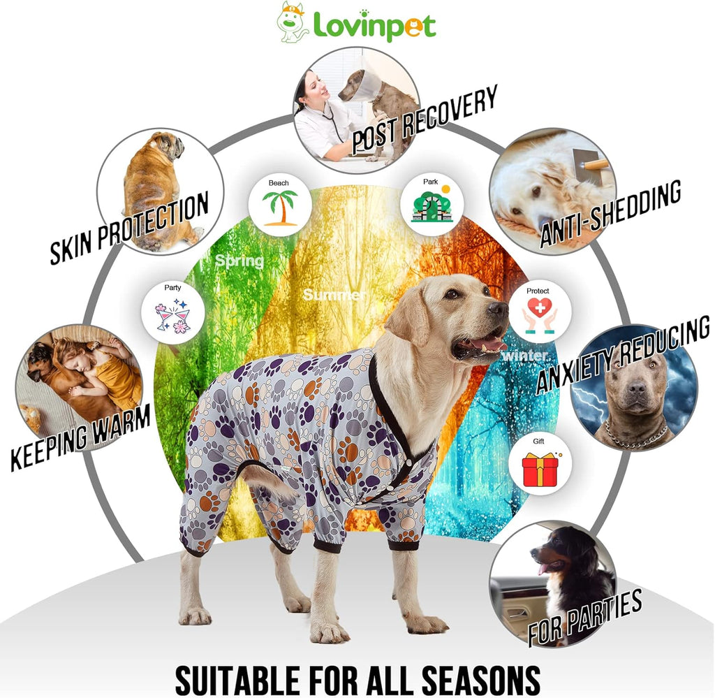 LovinPet Large Breeds Dog Onesies - Dog Pajamas, Lightweight Stretchy Fabric, Dog Long Sleeve Shirt, Paw-Some Steel Gray Print, Dog Jumpsuit, UV Protection, Pet PJ's/Medium