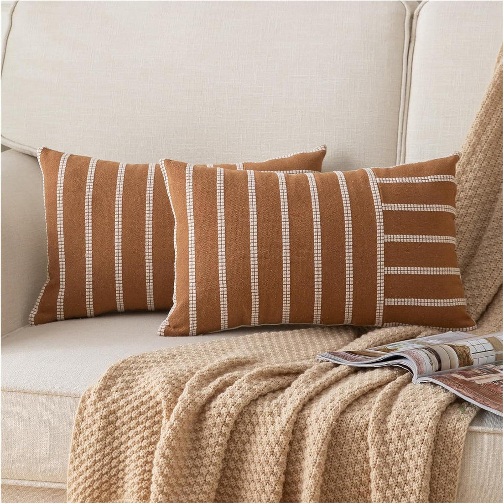 Caflife Boho Throw Pillow Covers 12x20 Set of 2 Soft Farmhouse Decorative Couch Pillow Cases Brown Striped Pillow Covers Neutral Cushion Covers for Sofa Bed Living Room Home Decor