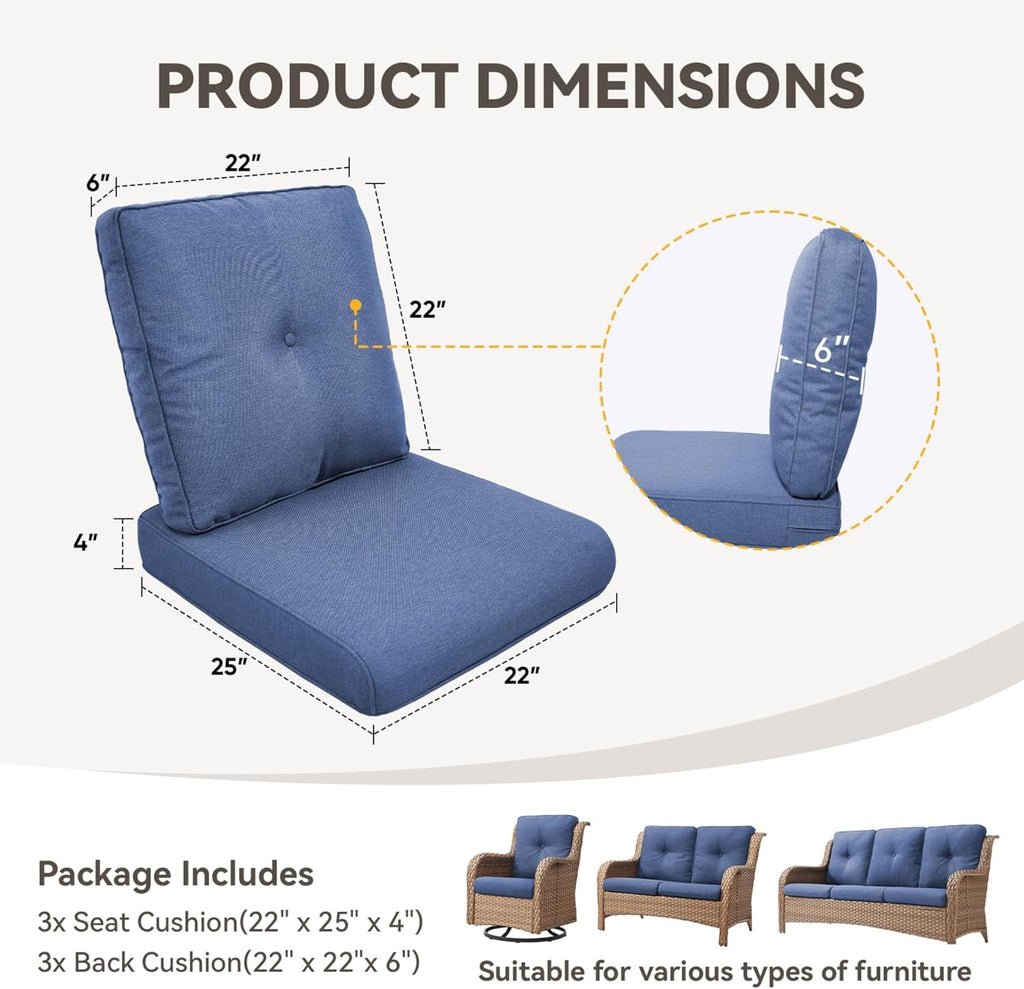 Patio Cushions for Outdoor Furniture - 22" x 25" x 4" UV Resistant Thick Foam Cushions Water Resistant Replacement Cushion for Outdoor Patio Furniture Chair/Sofa/Couch | Blue | 3-Pack |