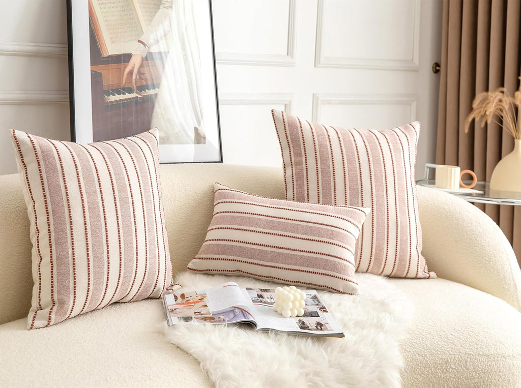 Decorative Boho Lumbar Throw Pillow Covers, Farmhouse Textured Pillow Case, 12 x 20 Inch Set of 2, Chair Sofa Bedroom Living Room Home Decor Couch Cushion Case, Rust and Beige Striped