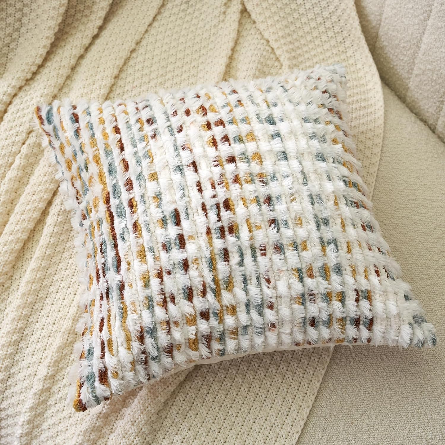 Aeckself Boho Chenille Tufted Pillow Cover 24 x 24 Inch, Decorative Square Big Throw Pillow Cover Neutral Pillowcase for Couch Bedroom Living Room, Orange White