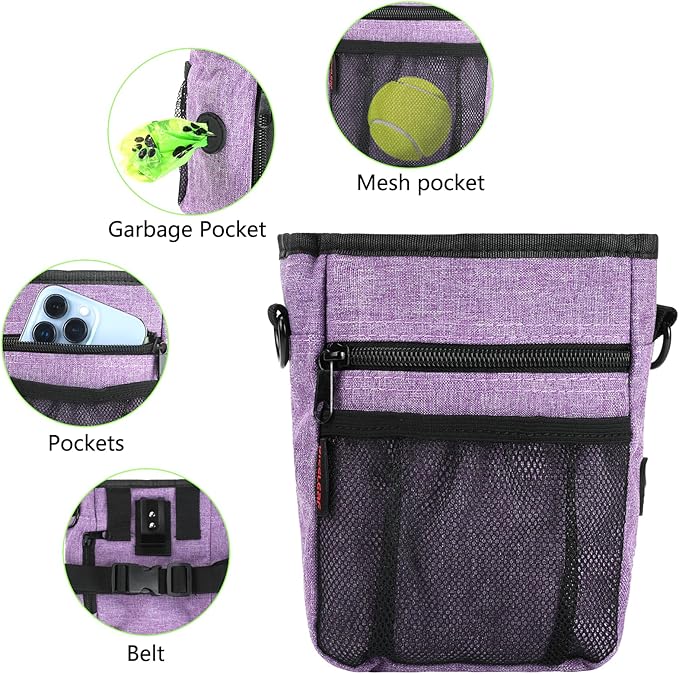 Dog Treat Pouches for Pet Training with Magnetic Closure Treat Pouches for Pet Training,Large Dog Treat Training Pouch and Dog Clicker,Training Treat Pouch Built-In Poop Bag Dispenser-Purple.