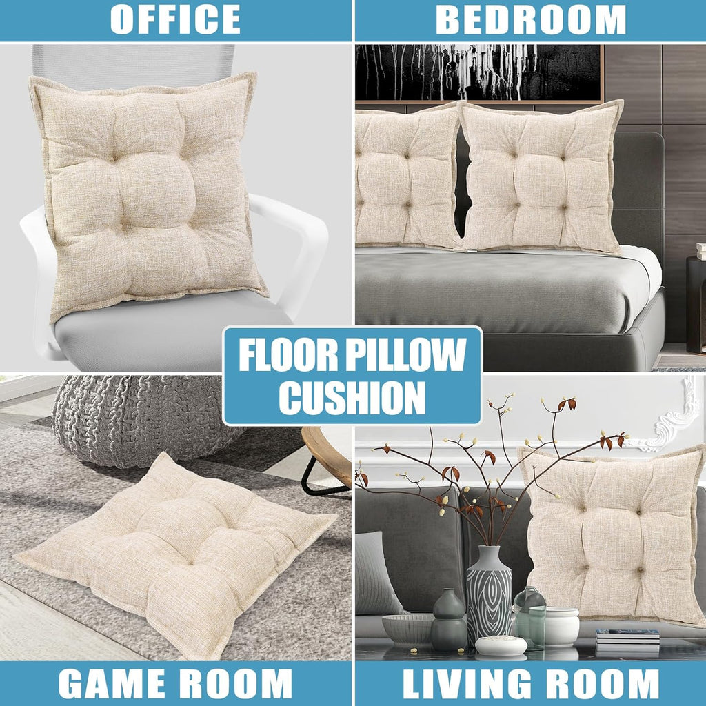 SINSOSSO Large Floor Pillow 22", Thickened Bite-Size Memory Foam Square Non-Slip Cushion for Office Back Support/Indoor Yoga/Chair Seat, Fashionable Color-Blocked Fabric & Washable, Beige, 1 PCS