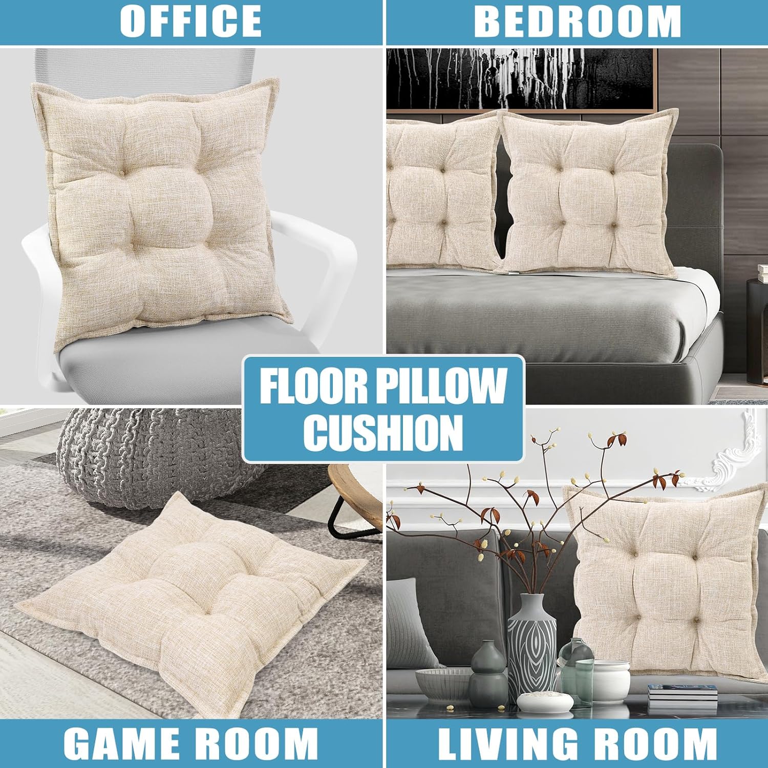 SINSOSSO Large Floor Pillow 22", Thickened Bite-Size Memory Foam Square Non-Slip Cushion for Office Back Support/Indoor Yoga/Chair Seat, Fashionable Color-Blocked Fabric & Washable, Beige, 1 PCS