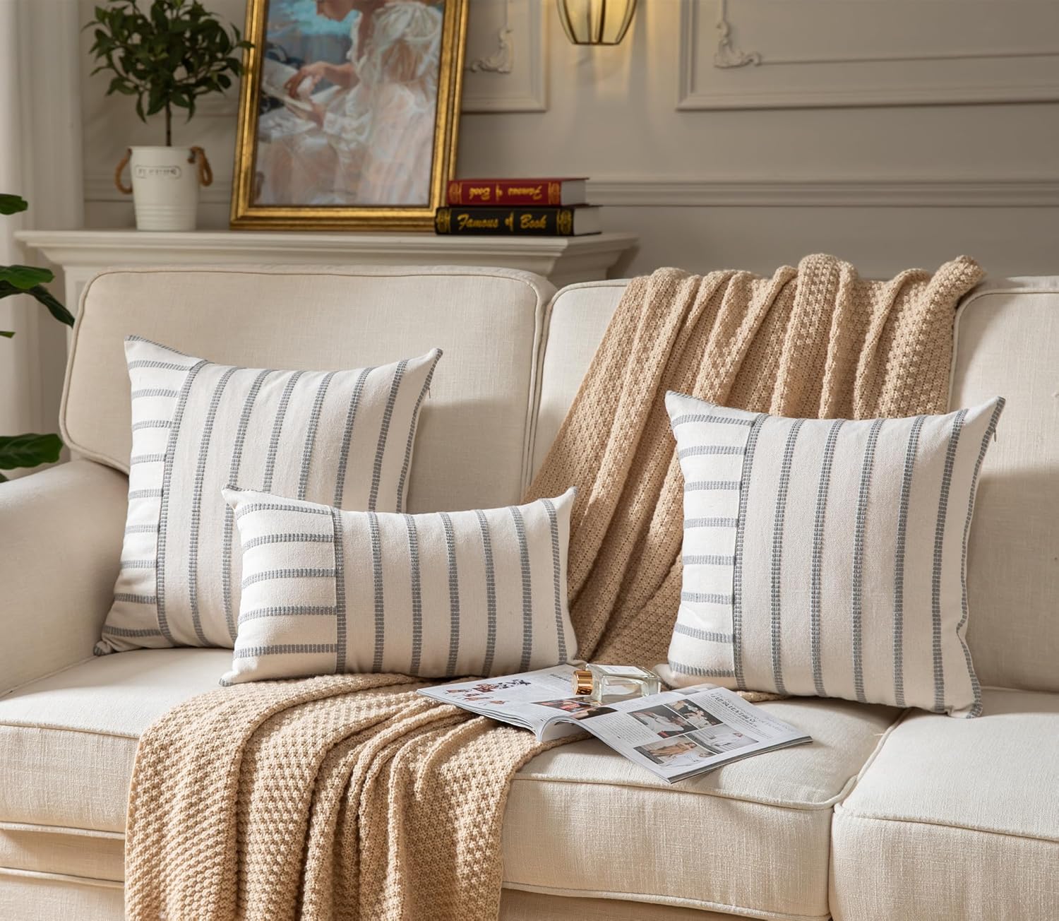 Caflife Boho Throw Pillow Covers 18x18 Set of 2 Soft Farmhouse Decorative Couch Pillow Cases Grey Striped Pillow Covers Neutral Cushion Covers for Sofa Bed Living Room Home Decor