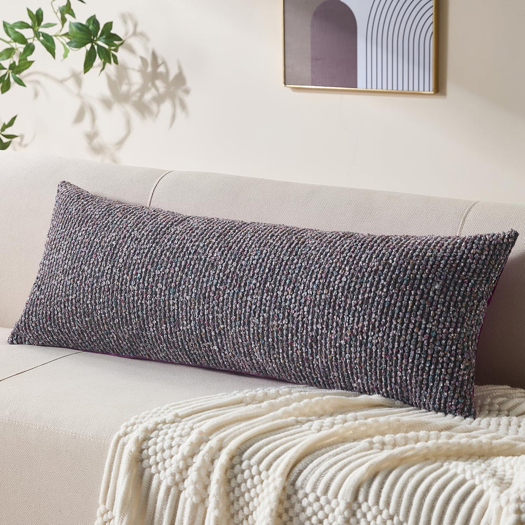 Decorative Lumbar Pillow Cover 14x36 Purple Striped Wool Long Body Pillow Neutral Textured Boho Lumbar Throw Pillow Cushion Covers for Modern Farmhouse Sofa Bed Living Room Decor SY011-E14