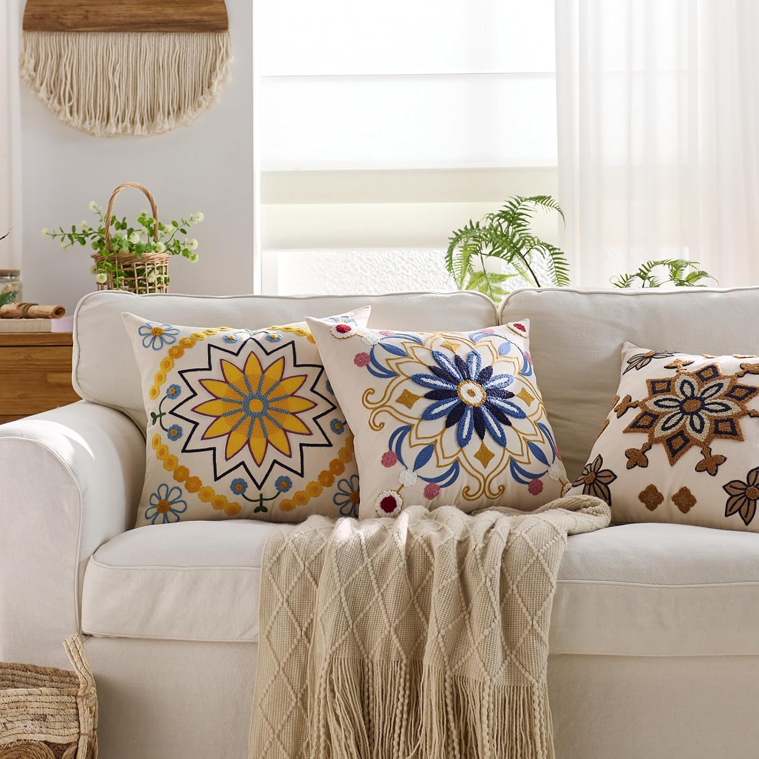 Embroidered Throw Pillow Cover 20x20 Classic Boho Floral Pattern Pillows Cover Outdoor Decorative Pillowcase,Durable Cozy Textured Cushion Case for Sofa Couch Bed Living Room,Yellow